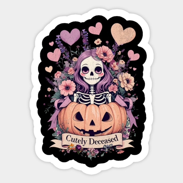 Cutely Deceased Halloween Skeleton Design Sticker by Designed By Marty